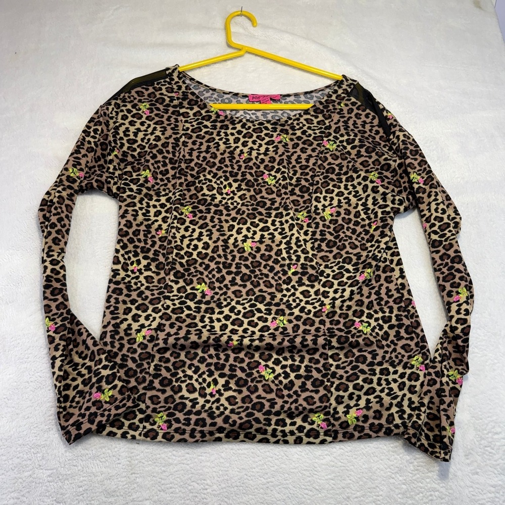 Betsey Johnson Size M Leopard Floral Top Y2K Indie Stretch Blouse - Picture 2 of 7